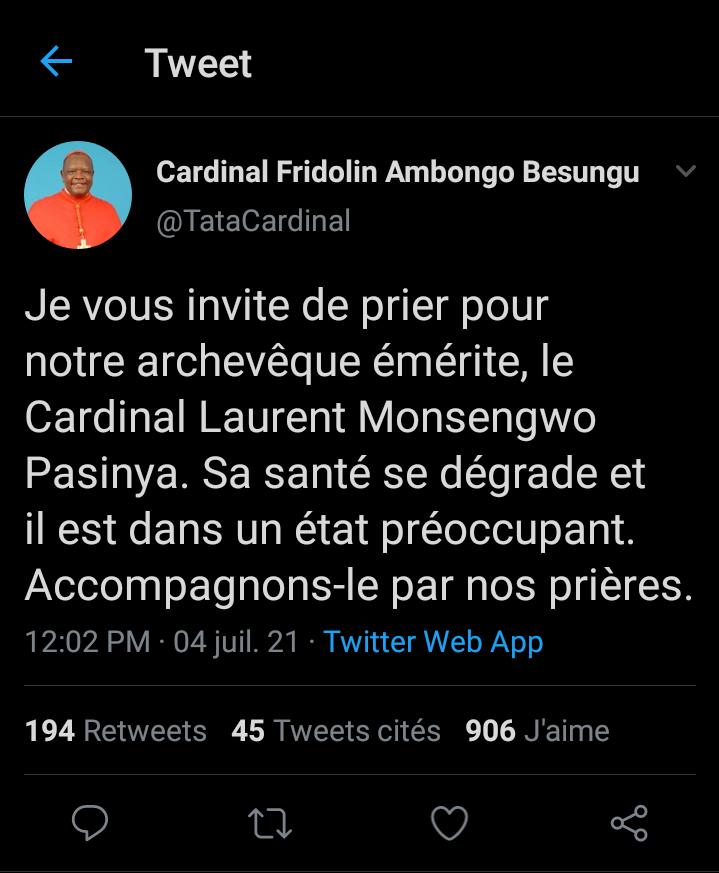 Le tweet du cardinal Msgr.Ambongo